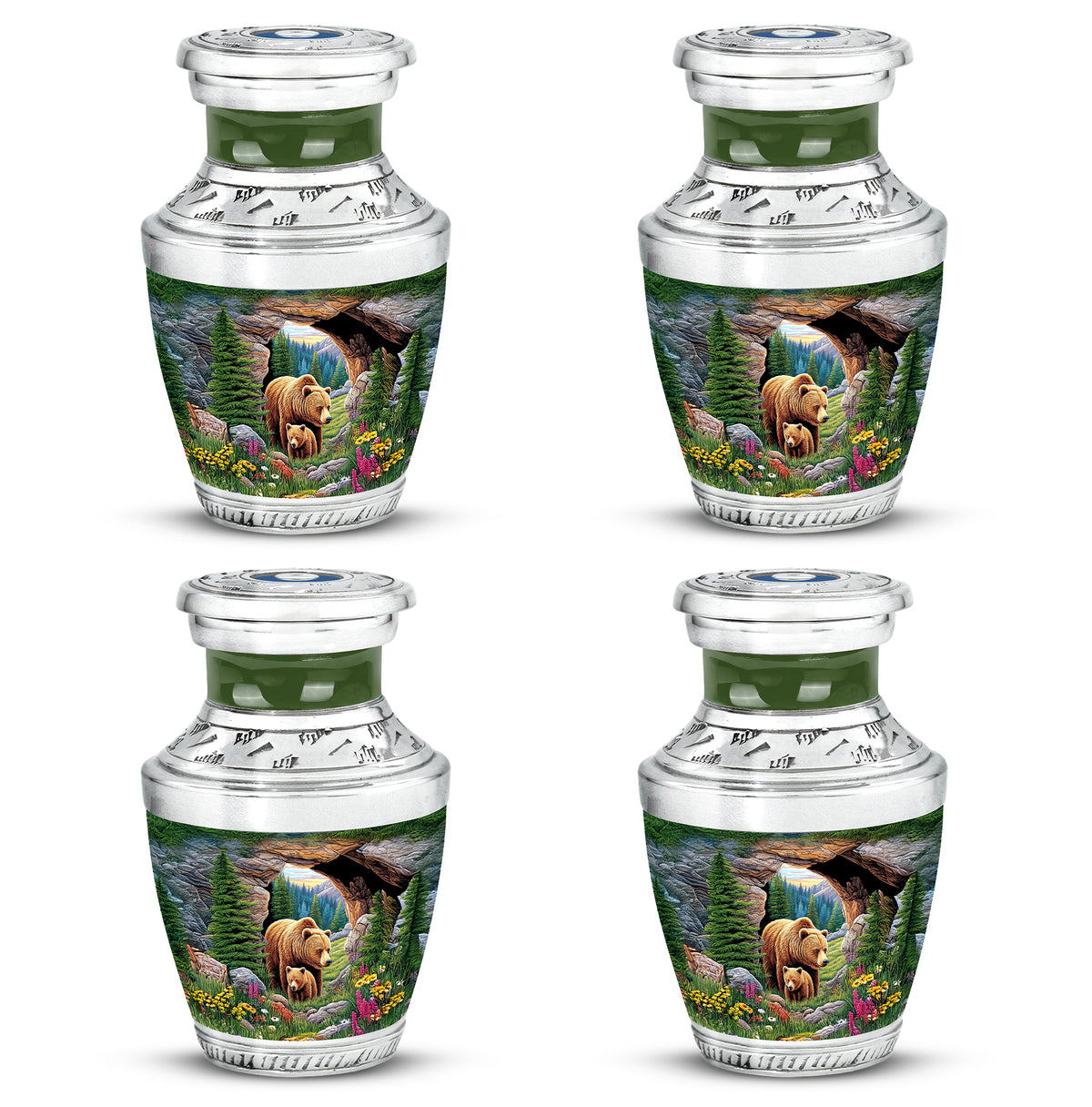 Olive Green Bear Cremation Urn back view with polished surface - artistic bear interpretation with creative detail - 10 inch aluminum urn for cremated remains