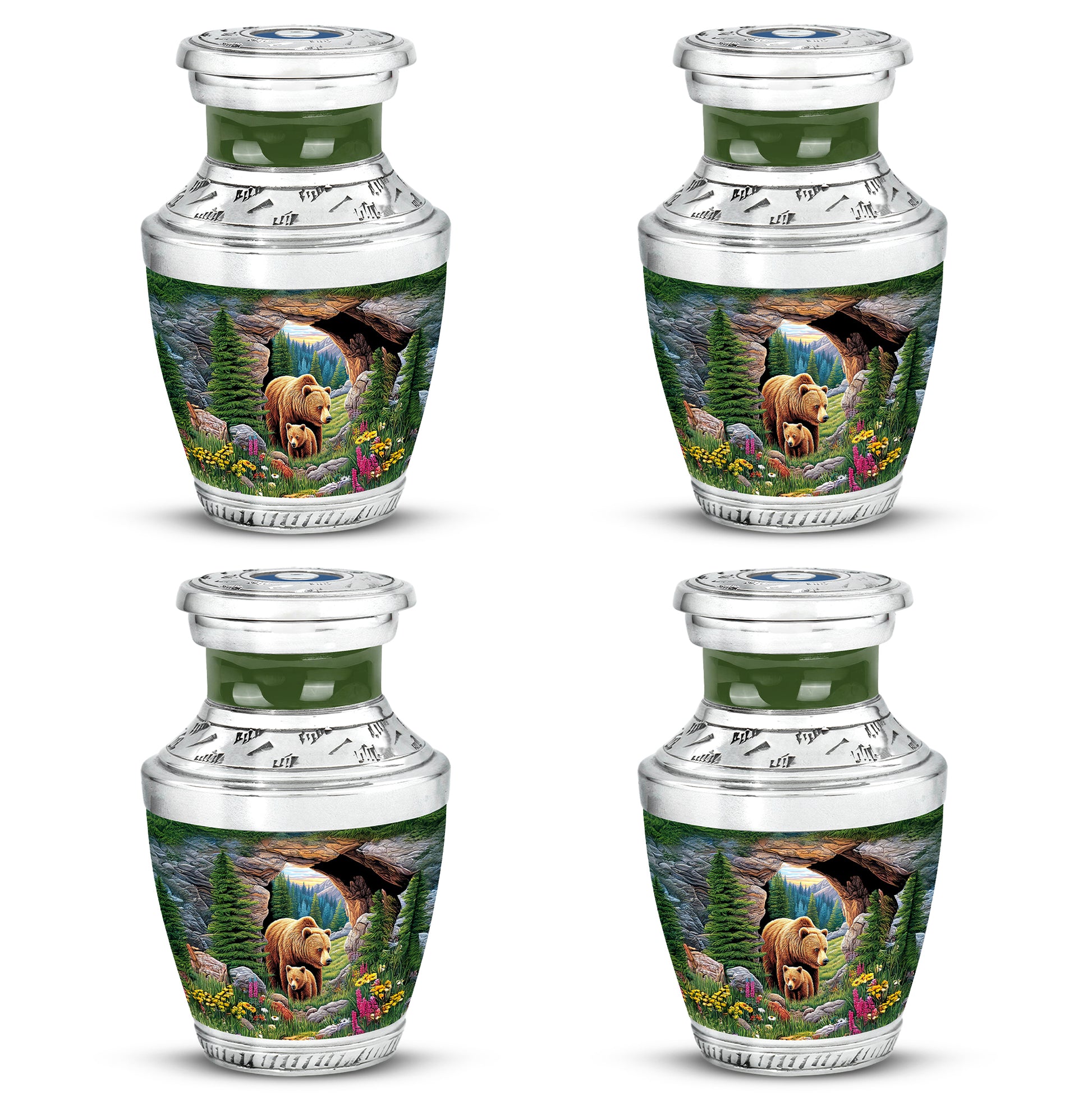 Olive Green Bear Cremation Urn back view with polished surface - artistic bear interpretation with creative detail - 10 inch aluminum urn for cremated remains