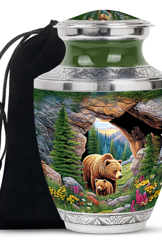 Emerald Green Bear Cremation Urn side profile showing urn shape - modern art-inspired bear motif on sleek aluminum - full-size 10 inch 200 cubic inch adult cremation urn