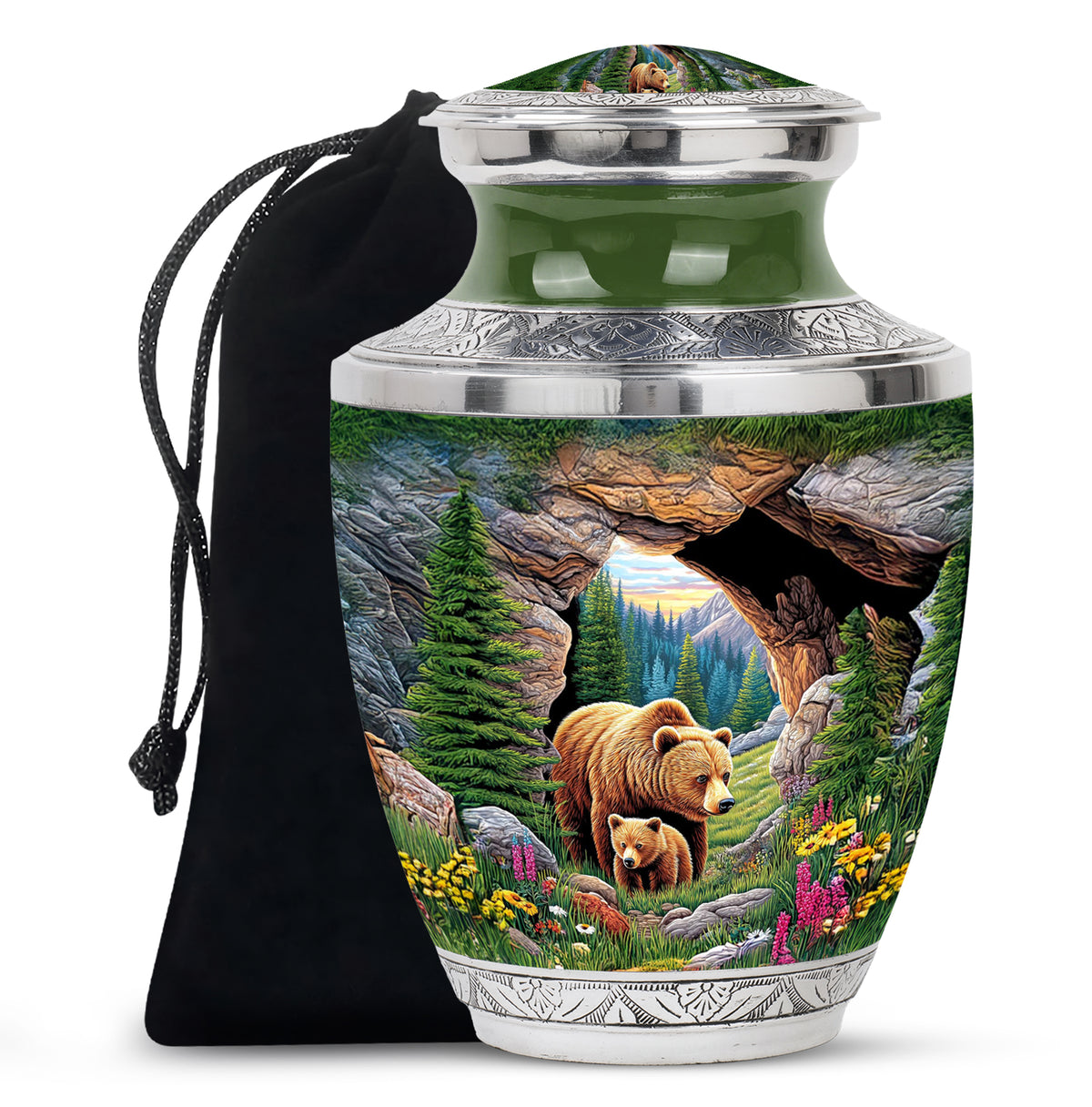 Emerald Green Bear Cremation Urn side profile showing urn shape - modern art-inspired bear motif on sleek aluminum - full-size 10 inch 200 cubic inch adult cremation urn