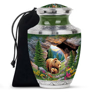Emerald Green Bear Cremation Urn side profile showing urn shape - modern art-inspired bear motif on sleek aluminum - full-size 10 inch 200 cubic inch adult cremation urn