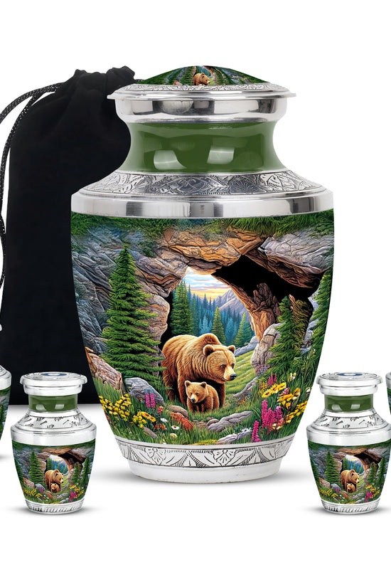 Pine Green Bear Cremation Urn lifestyle display on memorial shelf - artistic bear interpretation with creative detail - memorial set with one large and four small urns