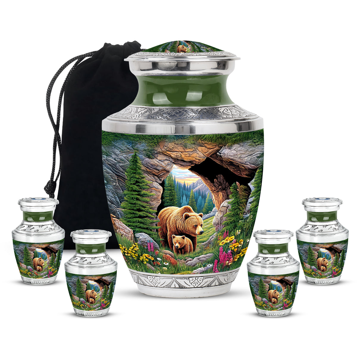 Pine Green Bear Cremation Urn lifestyle display on memorial shelf - artistic bear interpretation with creative detail - memorial set with one large and four small urns