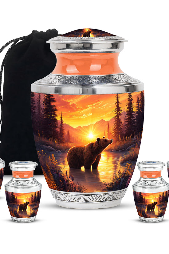 Crimson Red Bear Cremation Urn lifestyle display on memorial shelf - contemporary bear design with modern artistic flair - memorial set with one large and four small urns