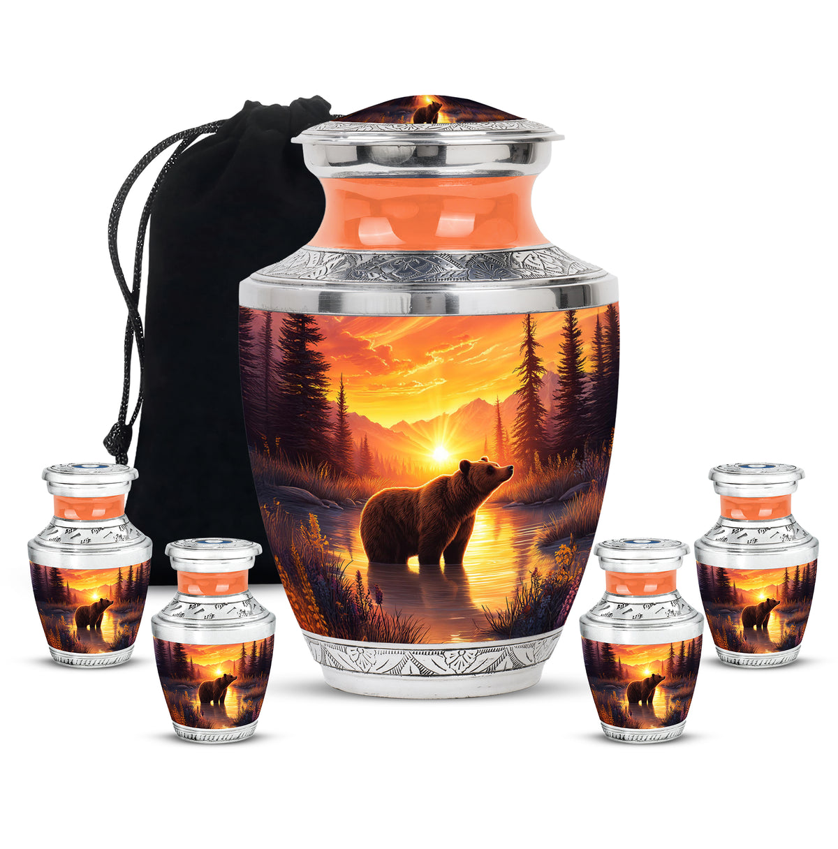 Crimson Red Bear Cremation Urn lifestyle display on memorial shelf - contemporary bear design with modern artistic flair - memorial set with one large and four small urns