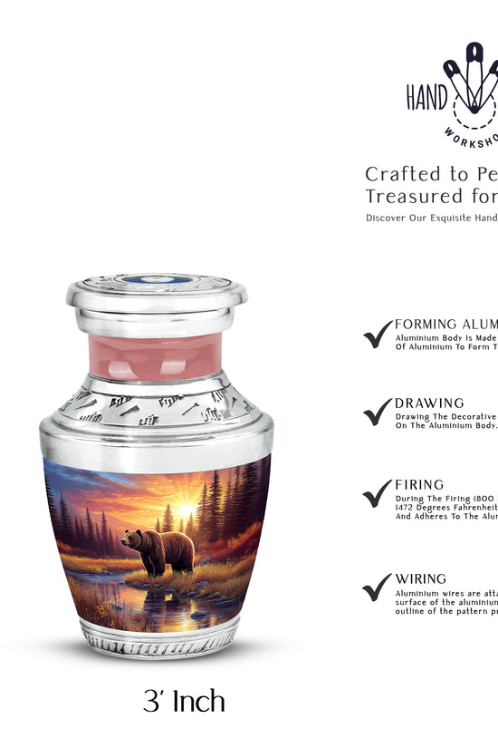 Cherry Red Bear Cremation Urn top-down view of secure threaded lid - stylized abstract bear pattern with bold lines - mini keepsake memorial for portion of cremation ashes