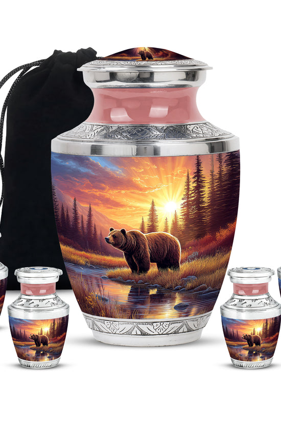 Scarlet Red Bear Cremation Urn lifestyle display on memorial shelf - stylized abstract bear pattern with bold lines - memorial set with one large and four small urns