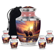 Scarlet Red Bear Cremation Urn lifestyle display on memorial shelf - stylized abstract bear pattern with bold lines - memorial set with one large and four small urns