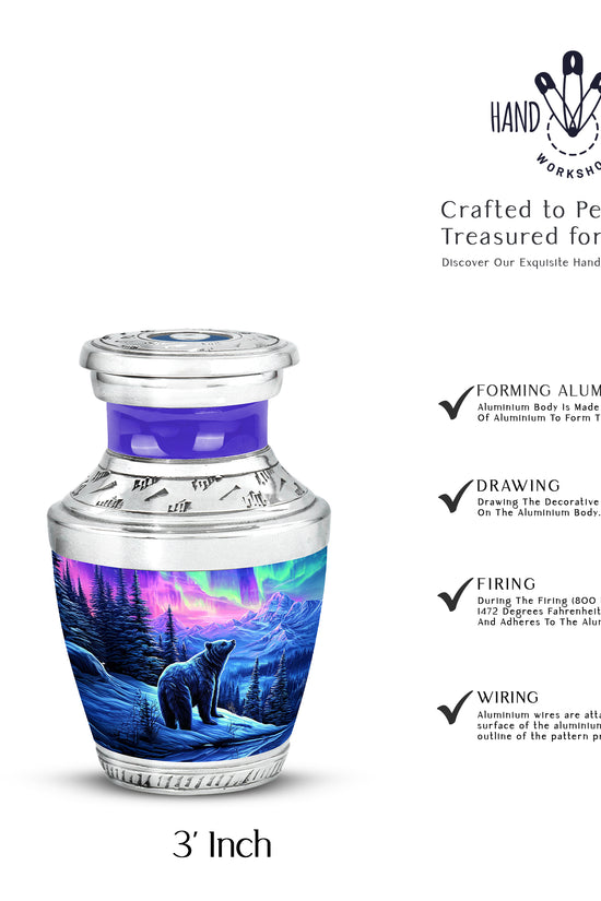 Deep Purple Bear Cremation Urn top-down view of secure threaded lid - modern art-inspired bear motif on sleek aluminum - mini keepsake memorial for portion of cremation ashes