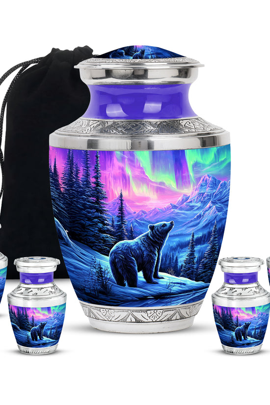 Twilight Purple Bear Cremation Urn lifestyle display on memorial shelf - stylized abstract bear pattern with bold lines - memorial set with one large and four small urns