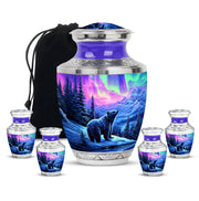 Twilight Purple Bear Cremation Urn lifestyle display on memorial shelf - stylized abstract bear pattern with bold lines - memorial set with one large and four small urns