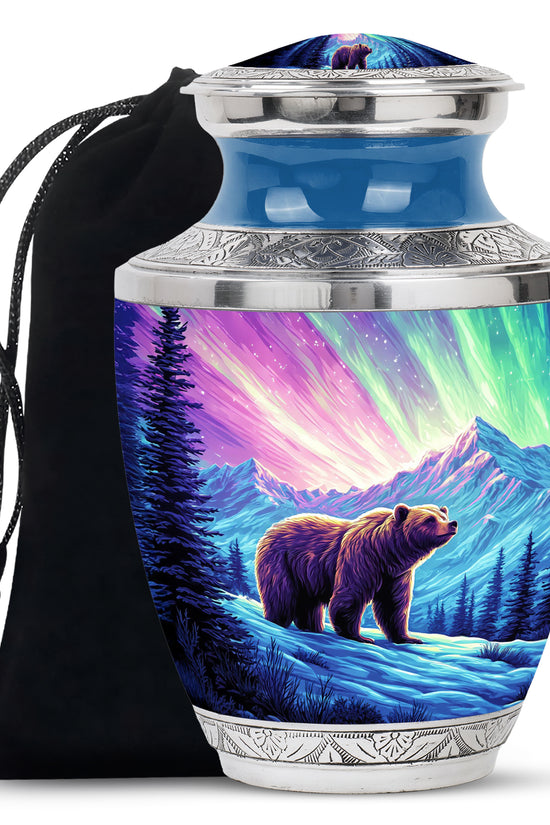 Pastel Pink Bear Cremation Urn side profile showing urn shape - modern art-inspired bear motif on sleek aluminum - full-size 10 inch 200 cubic inch adult cremation urn