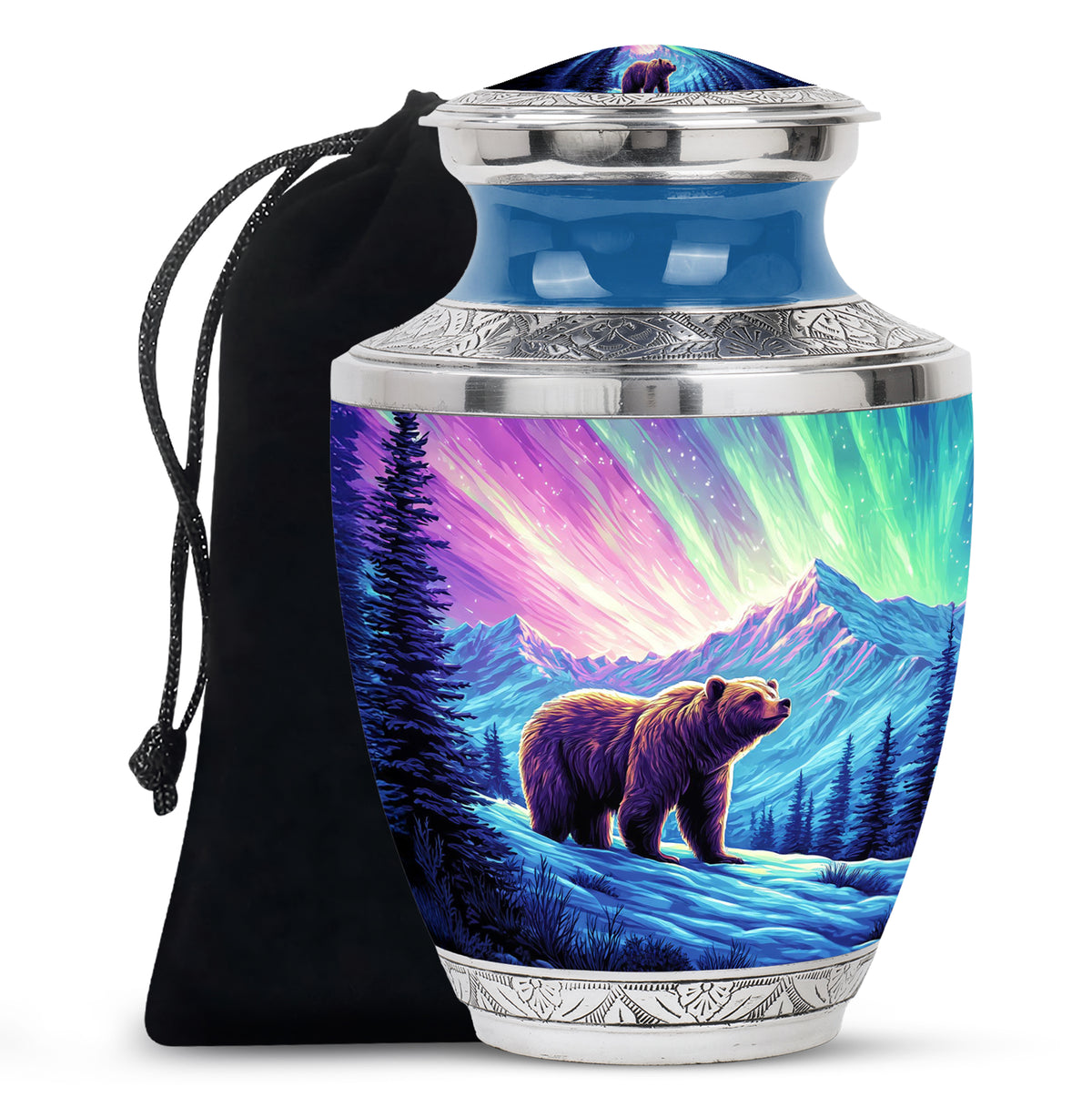 Pastel Pink Bear Cremation Urn side profile showing urn shape - modern art-inspired bear motif on sleek aluminum - full-size 10 inch 200 cubic inch adult cremation urn