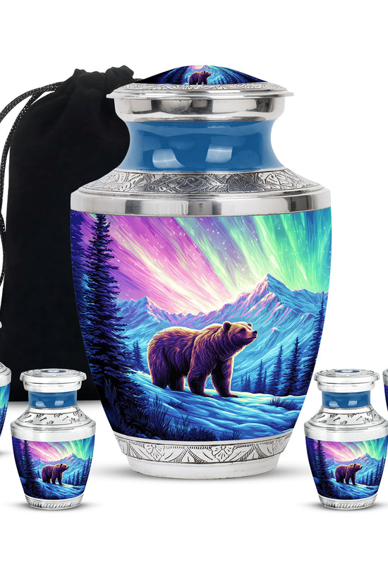 Peony Pink Bear Cremation Urn lifestyle display on memorial shelf - contemporary bear design with modern artistic flair - memorial set with one large and four small urns