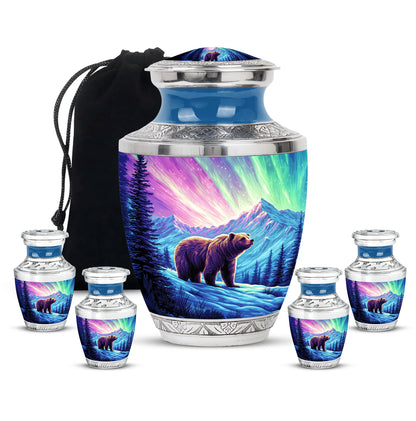Peony Pink Bear Cremation Urn lifestyle display on memorial shelf - contemporary bear design with modern artistic flair - memorial set with one large and four small urns