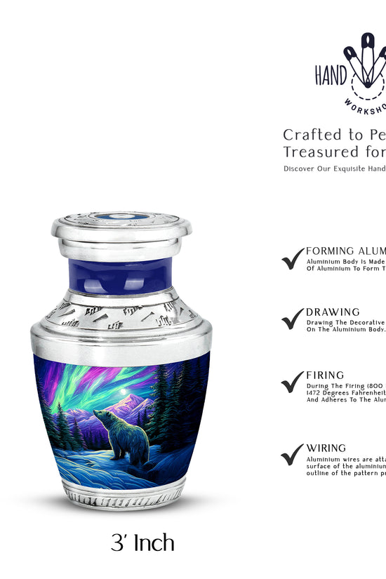 Steel Blue Bear Cremation Urn top-down view of secure threaded lid - stylized abstract bear pattern with bold lines - mini keepsake memorial for portion of cremation ashes