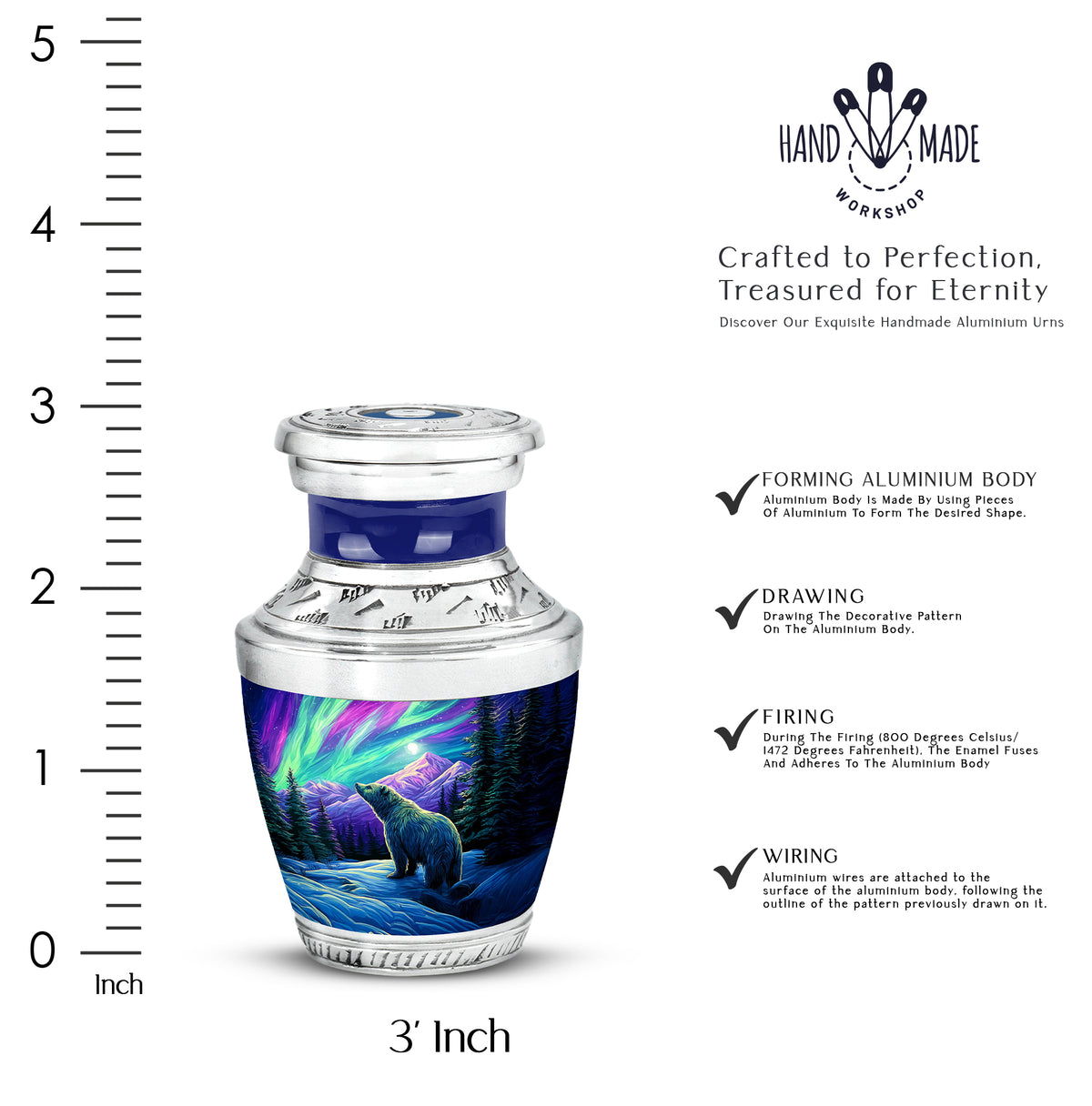 Steel Blue Bear Cremation Urn top-down view of secure threaded lid - stylized abstract bear pattern with bold lines - mini keepsake memorial for portion of cremation ashes