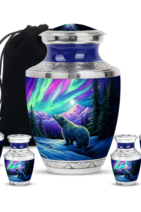 Icy Blue Bear Cremation Urn lifestyle display on memorial shelf - modern art-inspired bear motif on sleek aluminum - memorial set with one large and four small urns