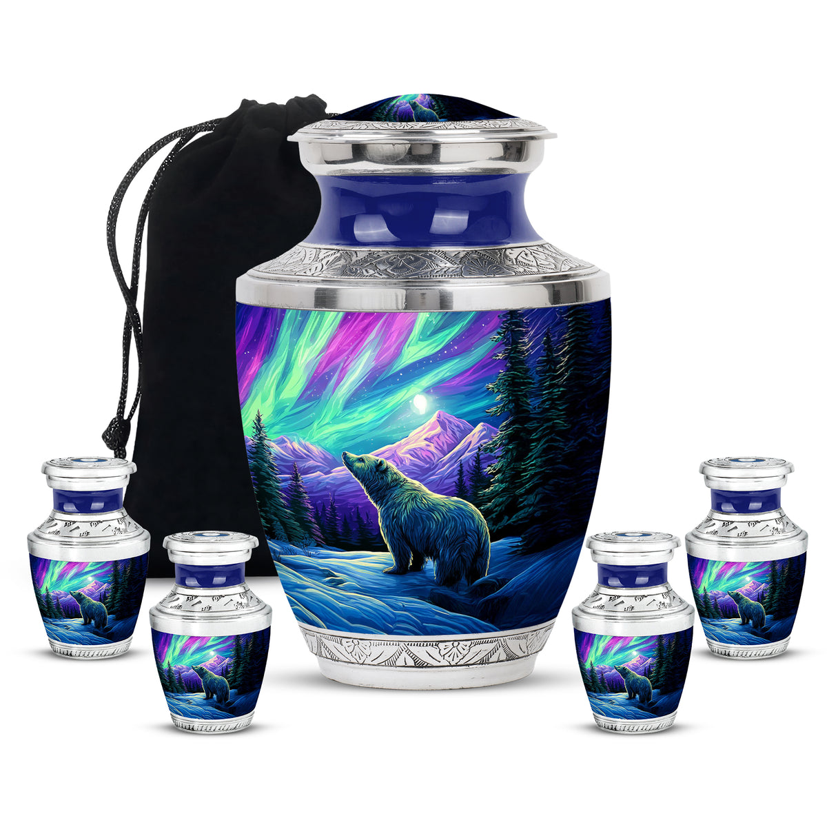 Icy Blue Bear Cremation Urn lifestyle display on memorial shelf - modern art-inspired bear motif on sleek aluminum - memorial set with one large and four small urns