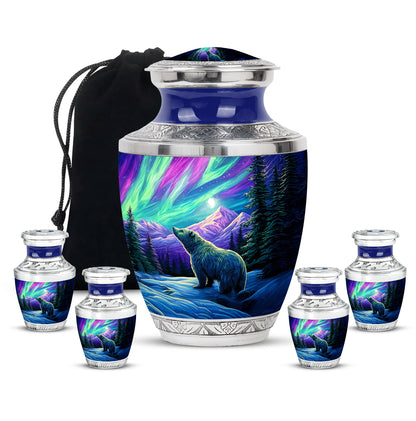 Icy Blue Bear Cremation Urn lifestyle display on memorial shelf - modern art-inspired bear motif on sleek aluminum - memorial set with one large and four small urns