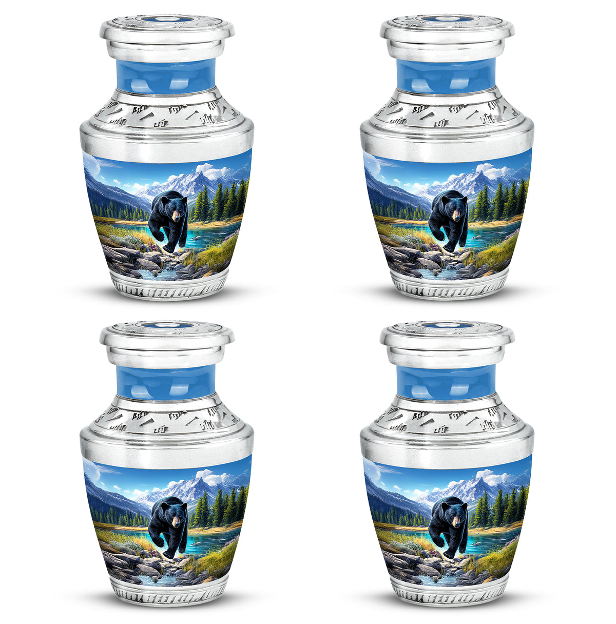 Sapphire Blue Bear Cremation Urn back view with polished surface - artistic bear interpretation with creative detail - 10 inch aluminum urn for cremated remains
