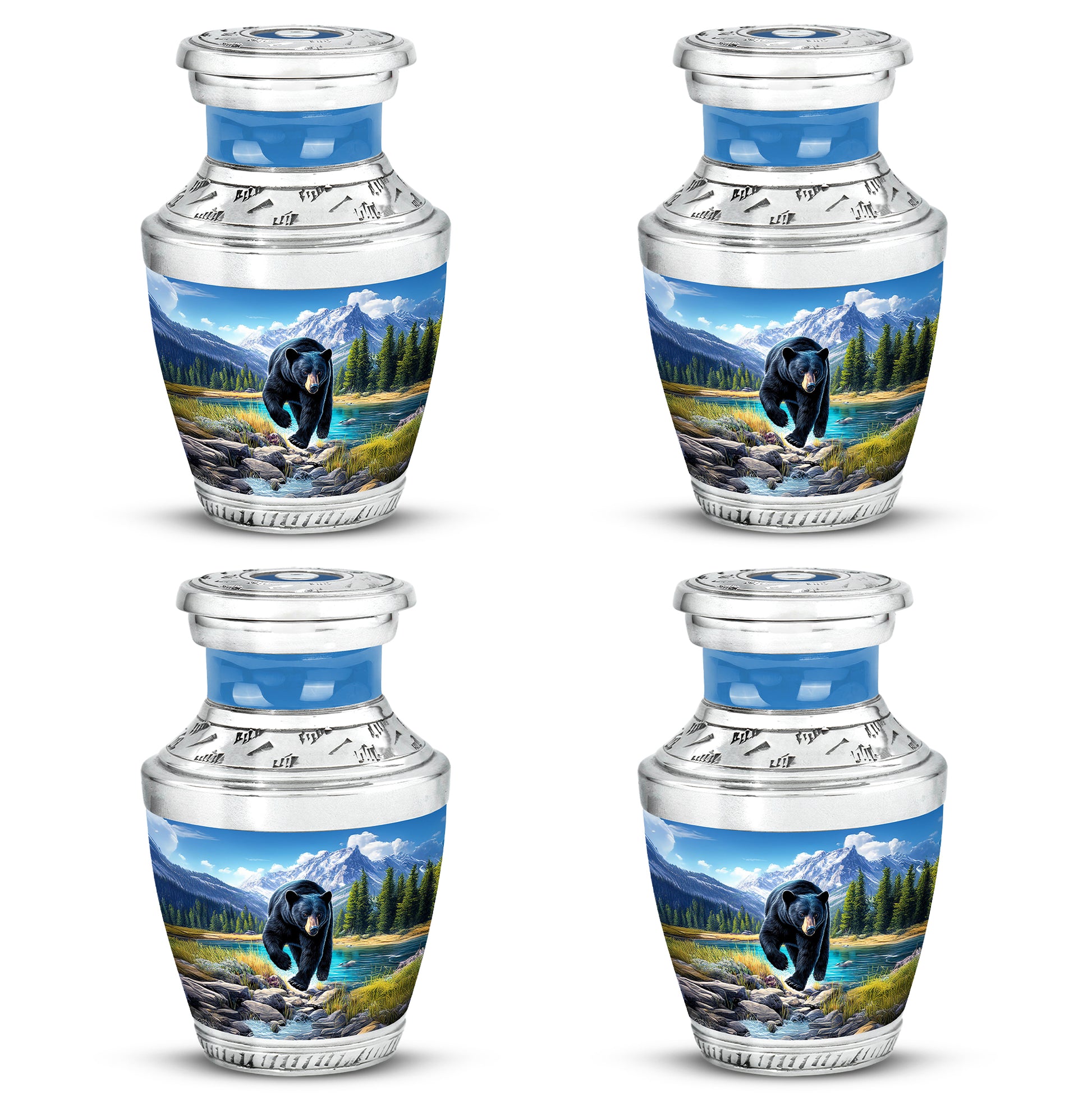 Sapphire Blue Bear Cremation Urn back view with polished surface - artistic bear interpretation with creative detail - 10 inch aluminum urn for cremated remains