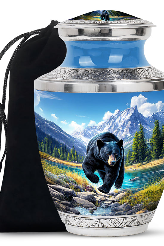 Pastel Blue Bear Cremation Urn side profile showing urn shape - modern art-inspired bear motif on sleek aluminum - full-size 10 inch 200 cubic inch adult cremation urn
