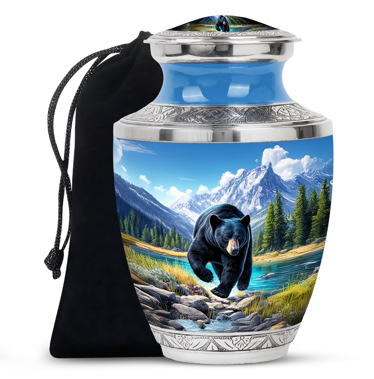 Pastel Blue Bear Cremation Urn side profile showing urn shape - modern art-inspired bear motif on sleek aluminum - full-size 10 inch 200 cubic inch adult cremation urn