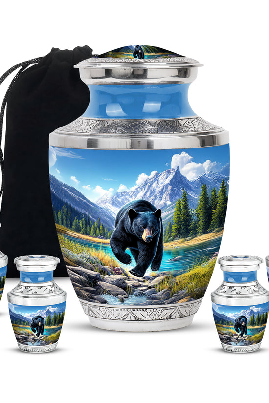 Cobalt Blue Bear Cremation Urn lifestyle display on memorial shelf - stylized abstract bear pattern with bold lines - memorial set with one large and four small urns