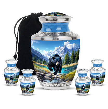 Cobalt Blue Bear Cremation Urn lifestyle display on memorial shelf - stylized abstract bear pattern with bold lines - memorial set with one large and four small urns