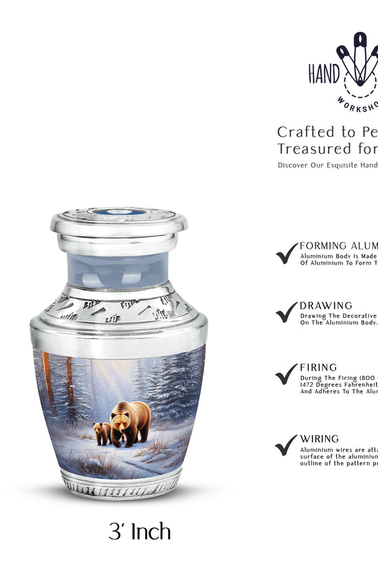 Chrome Silver Bear Cremation Urn top-down view of secure threaded lid - stylized abstract bear pattern with bold lines - mini keepsake memorial for portion of cremation ashes