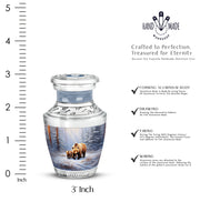 Chrome Silver Bear Cremation Urn top-down view of secure threaded lid - stylized abstract bear pattern with bold lines - mini keepsake memorial for portion of cremation ashes