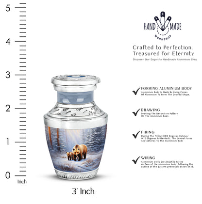 Chrome Silver Bear Cremation Urn top-down view of secure threaded lid - stylized abstract bear pattern with bold lines - mini keepsake memorial for portion of cremation ashes