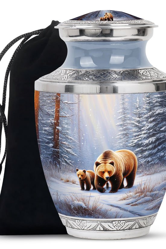 Brushed Silver Bear Cremation Urn side profile showing urn shape - modern art-inspired bear motif on sleek aluminum - full-size 10 inch 200 cubic inch adult cremation urn