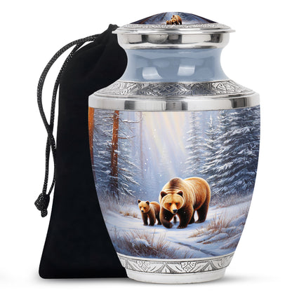 Brushed Silver Bear Cremation Urn side profile showing urn shape - modern art-inspired bear motif on sleek aluminum - full-size 10 inch 200 cubic inch adult cremation urn