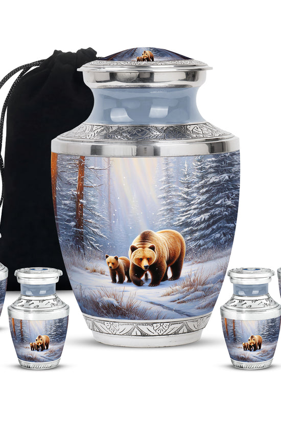 Moonlight Silver Bear Cremation Urn lifestyle display on memorial shelf - artistic bear interpretation with creative detail - memorial set with one large and four small urns
