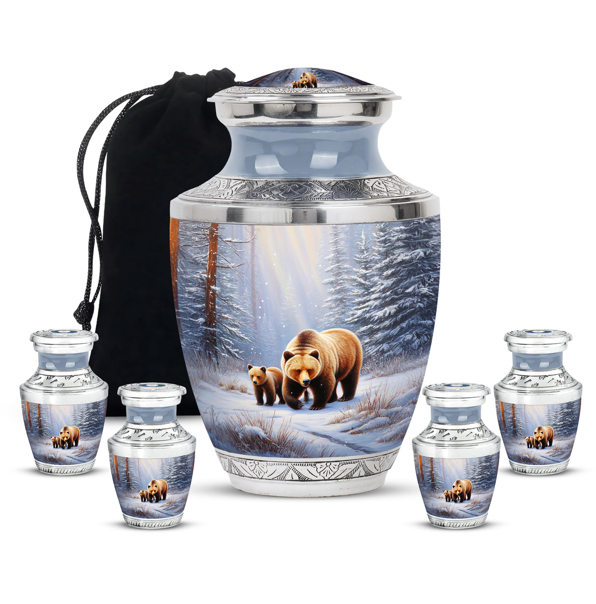 Moonlight Silver Bear Cremation Urn lifestyle display on memorial shelf - artistic bear interpretation with creative detail - memorial set with one large and four small urns
