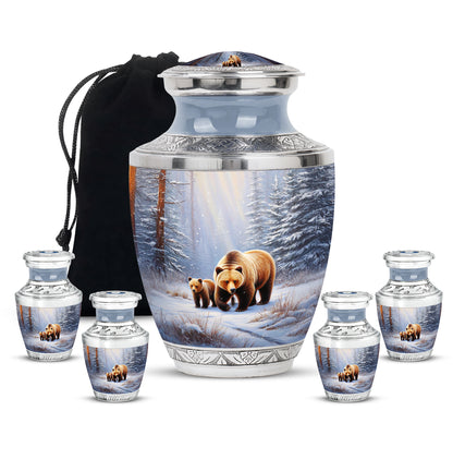Moonlight Silver Bear Cremation Urn lifestyle display on memorial shelf - artistic bear interpretation with creative detail - memorial set with one large and four small urns