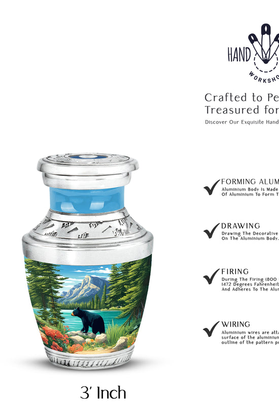 Steel Blue Bear Cremation Urn top-down view of secure threaded lid - artistic bear interpretation with creative detail - mini keepsake memorial for portion of cremation ashes