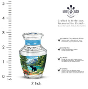 Steel Blue Bear Cremation Urn top-down view of secure threaded lid - artistic bear interpretation with creative detail - mini keepsake memorial for portion of cremation ashes