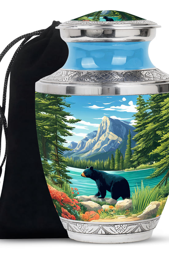 Navy Blue Bear Cremation Urn side profile showing urn shape - modern art-inspired bear motif on sleek aluminum - full-size 10 inch 200 cubic inch adult cremation urn