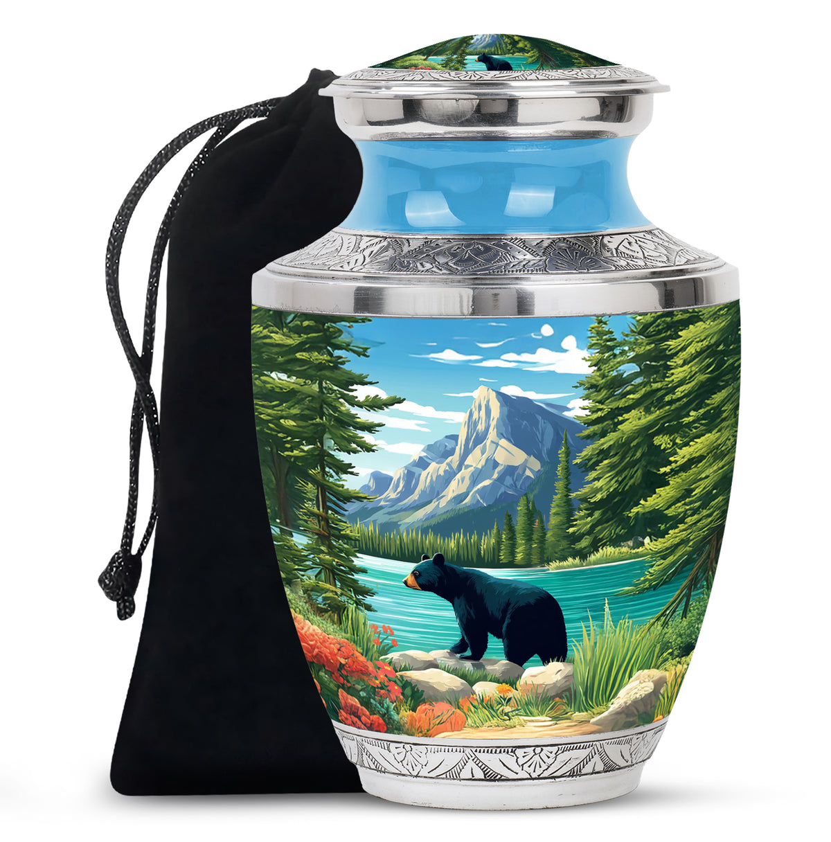 Navy Blue Bear Cremation Urn side profile showing urn shape - modern art-inspired bear motif on sleek aluminum - full-size 10 inch 200 cubic inch adult cremation urn