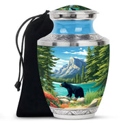 Navy Blue Bear Cremation Urn side profile showing urn shape - modern art-inspired bear motif on sleek aluminum - full-size 10 inch 200 cubic inch adult cremation urn
