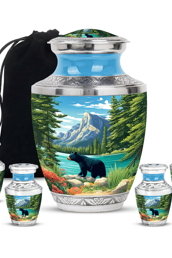 Royal Blue Bear Cremation Urn lifestyle display on memorial shelf - artistic bear interpretation with creative detail - memorial set with one large and four small urns