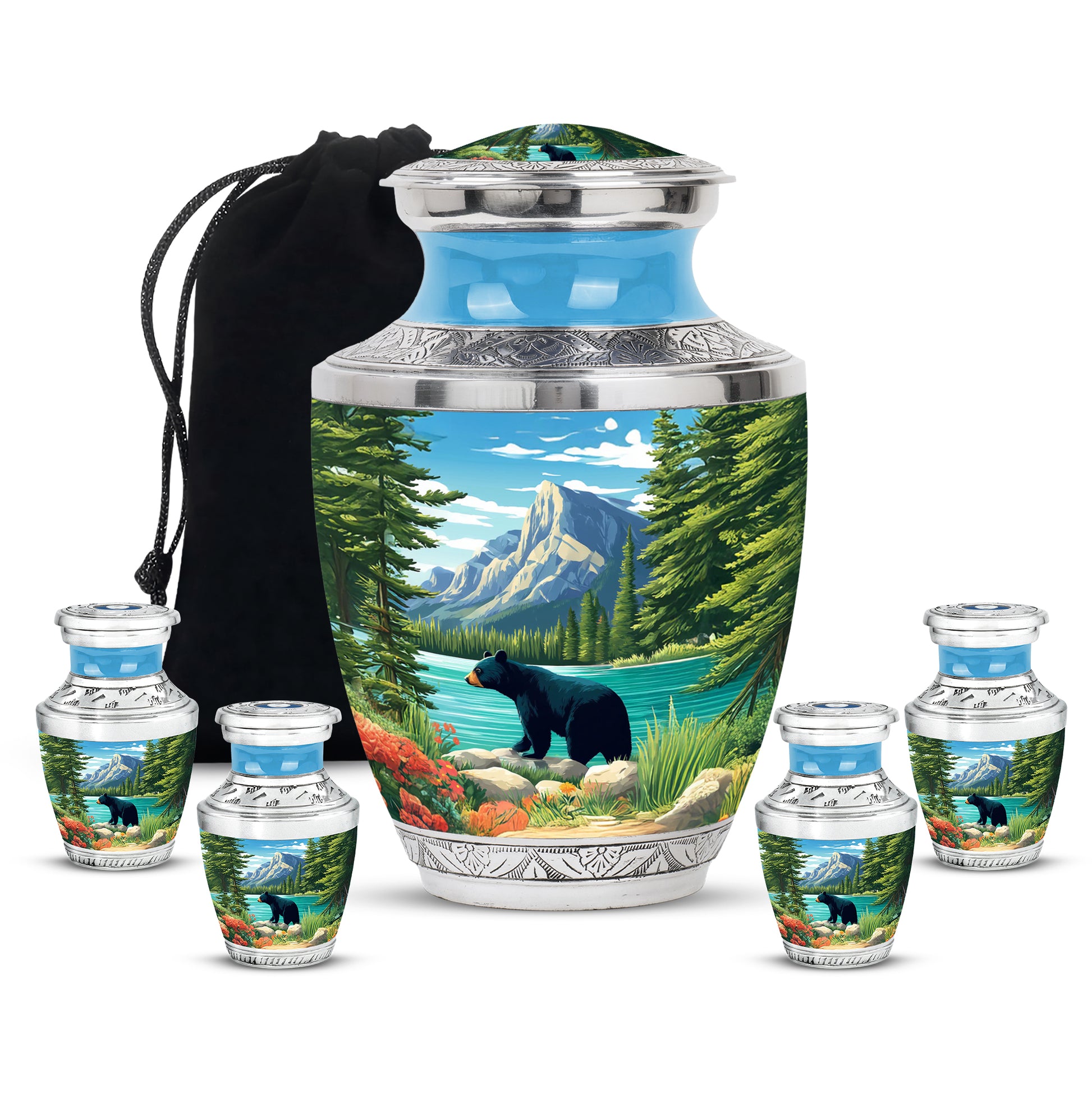 Royal Blue Bear Cremation Urn lifestyle display on memorial shelf - artistic bear interpretation with creative detail - memorial set with one large and four small urns