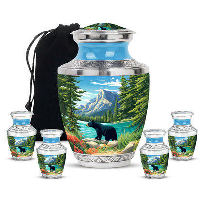 Royal Blue Bear Cremation Urn lifestyle display on memorial shelf - artistic bear interpretation with creative detail - memorial set with one large and four small urns