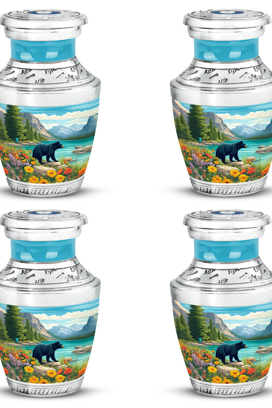 Deep Teal Bear Cremation Urn back view with polished surface - stylized abstract bear pattern with bold lines - 10 inch aluminum urn for cremated remains