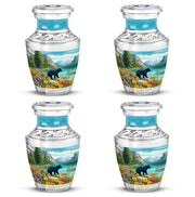 Deep Teal Bear Cremation Urn back view with polished surface - stylized abstract bear pattern with bold lines - 10 inch aluminum urn for cremated remains