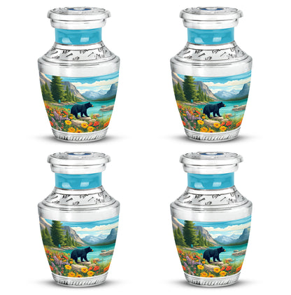 Deep Teal Bear Cremation Urn back view with polished surface - stylized abstract bear pattern with bold lines - 10 inch aluminum urn for cremated remains
