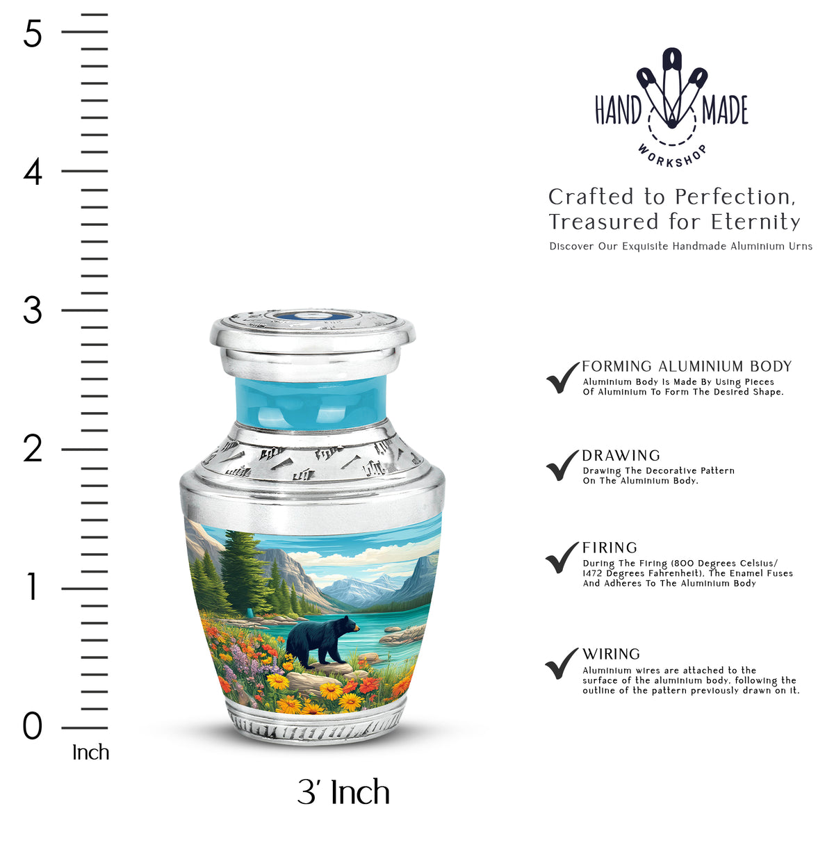 Cool Teal Bear Cremation Urn top-down view of secure threaded lid - contemporary bear design with modern artistic flair - mini keepsake memorial for portion of cremation ashes